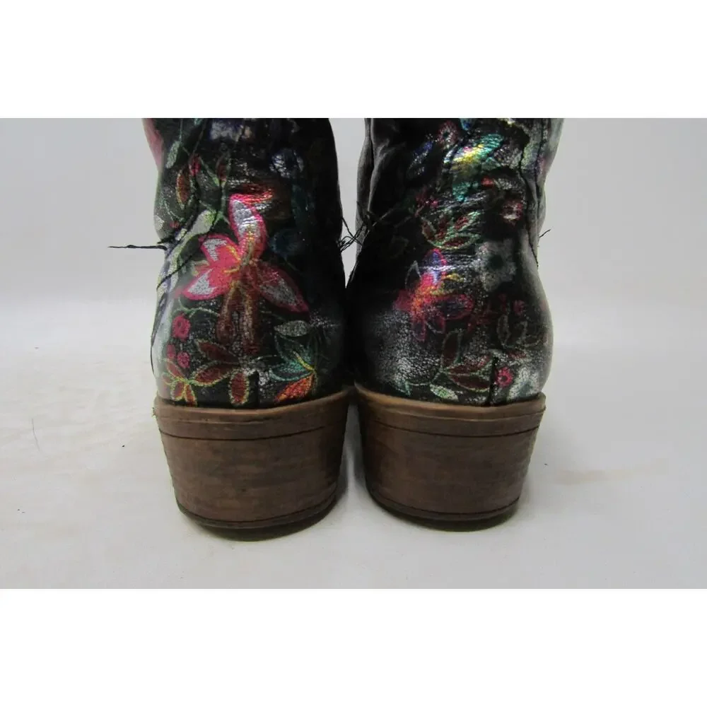 Roper Brand Youth Size 6 M Black Leather Floral Cowboy Western Boots